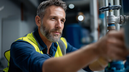 Faceless middle aged man working on industrial piping system safety vest uniform wearing valve adjustment maintenance utility room task focused technical work defocused
