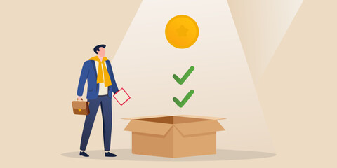 A businessman discovers opportunity emerging from an open box symbolizing potential growth