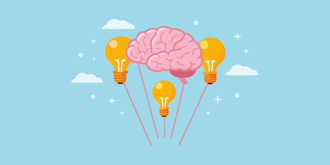 A creative mind brain and lightbulb balloons floating among clouds