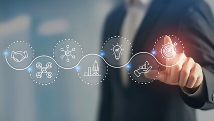 Businessman s hand interacting with a glowing digital interface displaying interconnected icons representing innovation technology and business growth symbolizing a forward thinking approach to modern