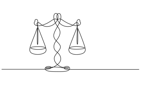 Video. Continuous drawing of a single editable line of scales with bowls. Symbol of balance, legal law. Animation on white background. 4K, Animated self drawing of continuous line draw client shakes
