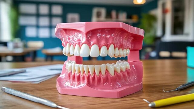 Dental model displaying human teeth in classroom setting