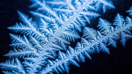 Magnificent macro capture showcases an expansive network of intricate blue frost crystals spreading across a dark surface highlighting their complex fractal patterns and icy elegance