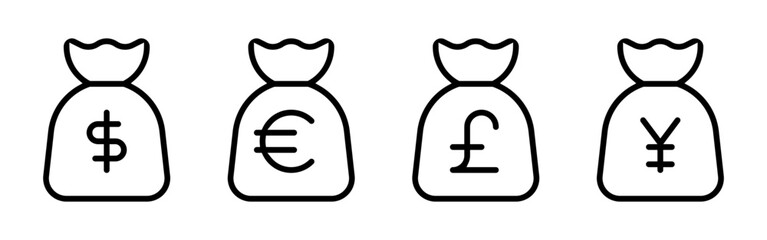 A set of line art money bag icons, each featuring a different currency symbol: dollar, euro, pound, and yen.