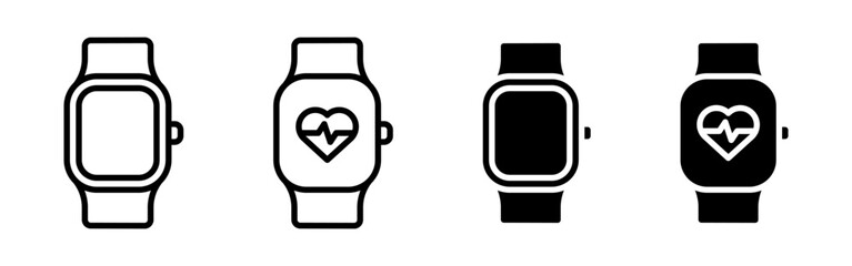 A set of smartwatch icons, showing both line art and solid black versions, some with a heart rate monitor symbol.