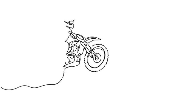 Single one line drawing urban subcultural man is doing freestyle tricks on his bmx bike in skate park animation, skating biker continuous one line drawing