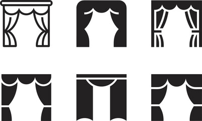 Set of six different curtain icons in black and white drapes stage