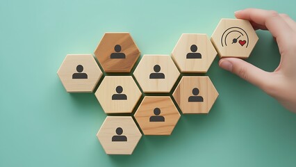 Hand placing a hexagonal wooden block with a rainbow and heart symbol onto a cluster of hexagonal blocks representing people symbolizing diversity inclusion and belonging in a team or community