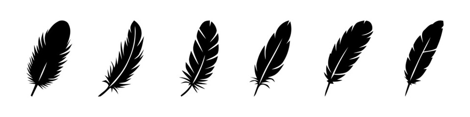 Fototapeta premium A set of black feather silhouettes, showcasing various shapes and sizes.
