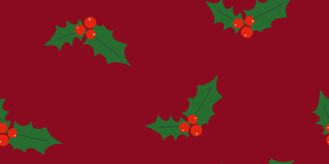 Festive Holly Leaves and Red Berries Repeating Design