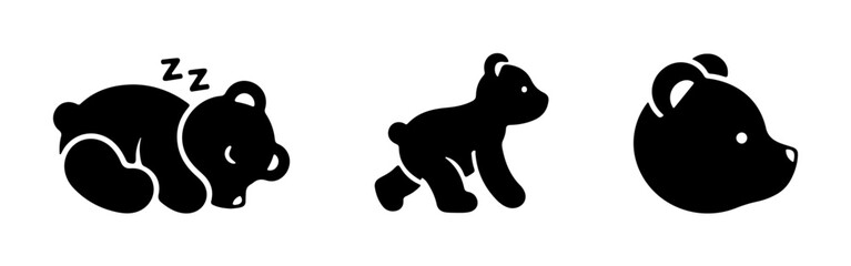 A series of black teddy bear silhouettes depicting various body positions, including sleeping and walking.
