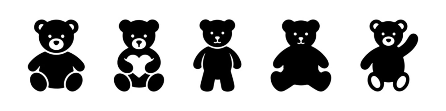 A collection of black teddy bear silhouettes in various poses, suitable for children's designs and toy-related themes.