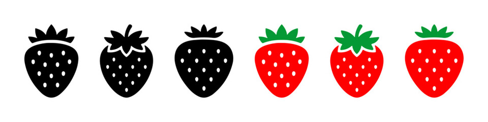 A set of strawberry icons, with both black silhouettes and red, ripe strawberries with green leaves.
