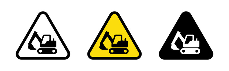 A set of warning signs with an excavator icon, in various colors and styles, indicating construction or heavy machinery.