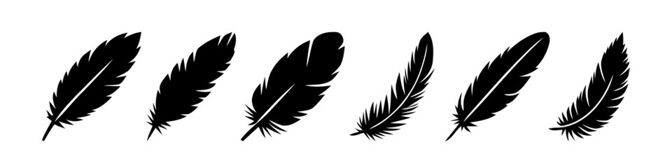 A set of black feather silhouettes, showcasing various shapes and sizes.
