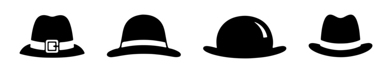 A set of pilgrim hat icons in black silhouette, including a buckle and brimmed styles.