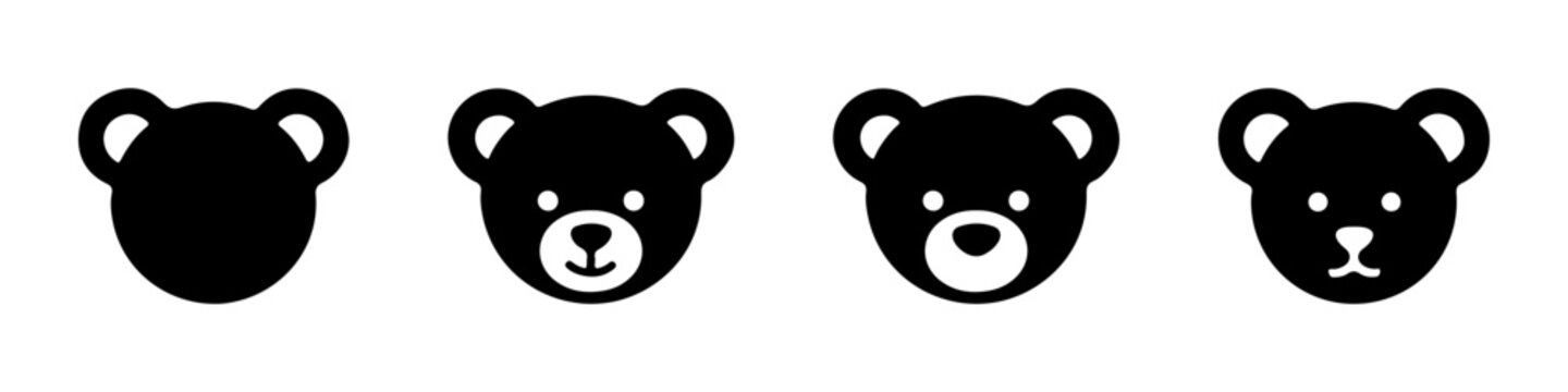 A set of black teddy bear head silhouettes, showing different facial expressions and styles.