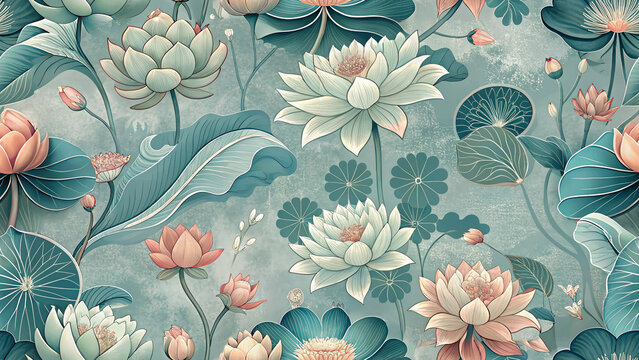 Stylized seamless pattern of blooming lotus flowers and pads on a dusty blue green background