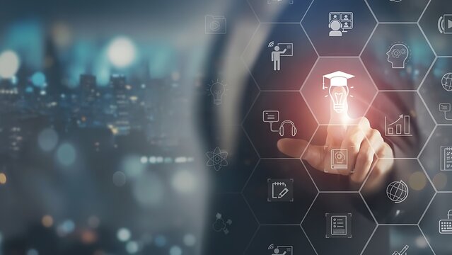 Close up of a person s hand touching a glowing graduation cap icon on a futuristic digital interface with educational symbols and a blurred city background representing online learning and knowledge a - Powered by Adobe