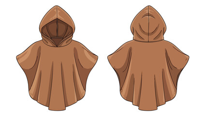 Dual perspective hooded cloak illustration showcasing design details and symmetry in a warm earthy color palette on a stark white background