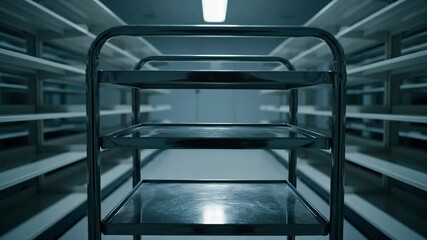 Empty metal shelving cart in dark storage room with empty shelves. Warehousing, storage, inventory, organization, industry.