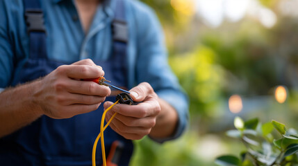 Faceless male electrician hands with cable and screwdriver socket mounting box installation electrical work tools wiring repair service professional installation task