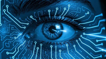 Close-up of a human eye with intricate blue circuit board patterns overlaid, symbolizing artificial intelligence, digital vision, and advanced technology. - Powered by Adobe