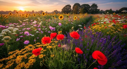 Vibrant Summer Wildflower Meadow Sunset.