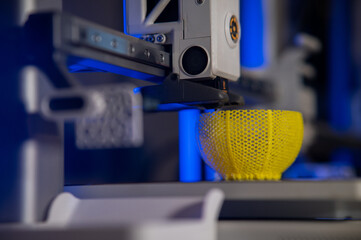 3D printer. Blank Empty 3D printer. 3D printer not working. Blank clean 3D printer desktop without printing process.