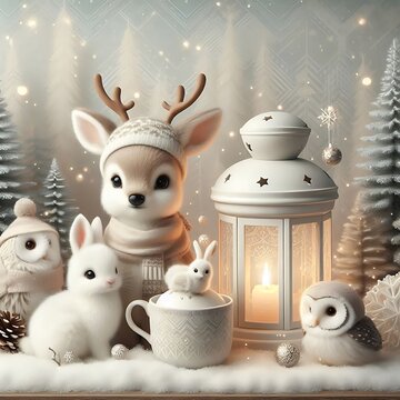 christmas card with snowman and reindeer