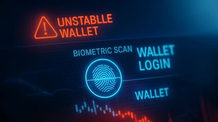 Navigating cryptocurrency market volatility and inherent risk of an unstable wallet. Advanced biometric scan technology presents complex future for digital security - Powered by Adobe