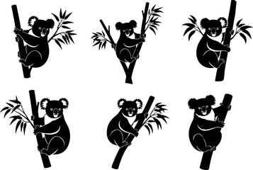 Koala silhouettes on tree branches, wildlife pose, animal posture, nature vector art, eucalyptus leaves, flavector © Yeasin