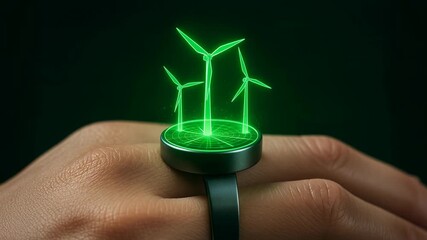 Futuristic green technology and innovation within wearable ring projects glowing hologram of wind turbine, powerful symbol for sustainable future with clean energy - Powered by Adobe
