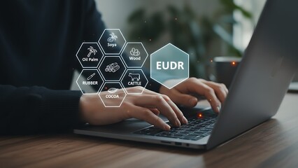 Person typing on a laptop with a digital overlay of interconnected hexagons representing eudr data and technology concepts symbolizing global data management and regulatory compliance