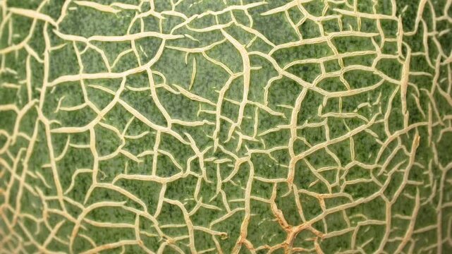 Extreme close-up of green netted melon skin texture. Macro detail of fresh fruit surface. Food background.