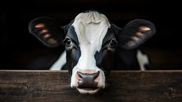 Close-up of a black and white holstein cow in a barn