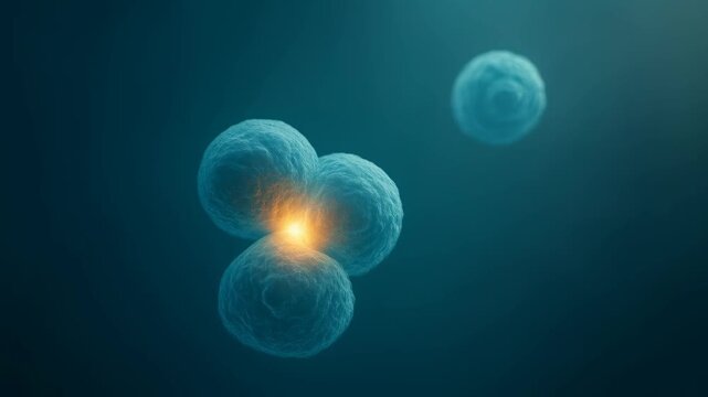 Microscopic biotech science research into cellular biology reveals glowing cell nucleus core, signaling future breakthroughs for modern medicine and new discovery