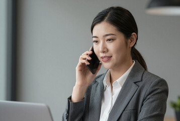 Woman in a business suit talking on a cell phone.