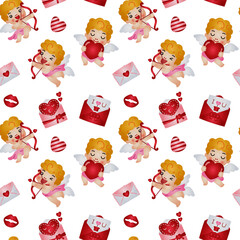 Seamless Pattern with Cupids and Love Letters
