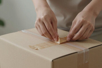 Person wrapping a cardboard box with adhesive tape.