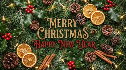 Festive celebration of christmas and new year with oranges pinecones and holly in a cozy holiday environment for seasonal joy and cheer