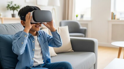 Child with blue shirt and jeans exploring VR headset while sitting on couch in living room.