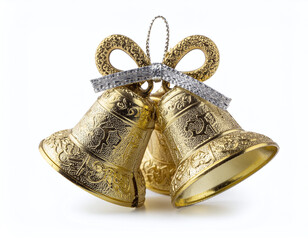 Set of Isolated Golden Christmas Bells with Ribbon