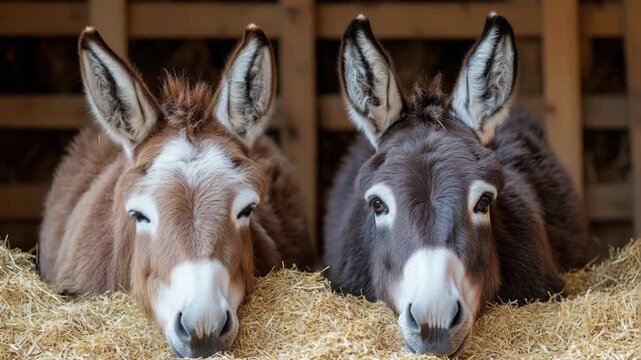 Two adorable donkeys resting on straw in a cozy barn setting