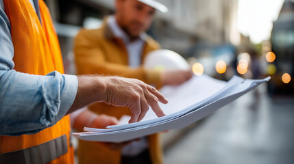 Faceless construction engineers and architects hands discussing plans project progress conversation design planning review residential facade development professional