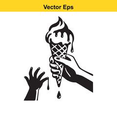 Melting ice cream cone held, child's hand reaching for drips