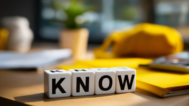 Know how and business concept cube turned word change visualization how to know transformation yellow table surface organizational concept display defocused desk background