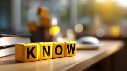 Know how and business concept cube turned word change visualization how to know transformation yellow table surface organizational concept display defocused desk background