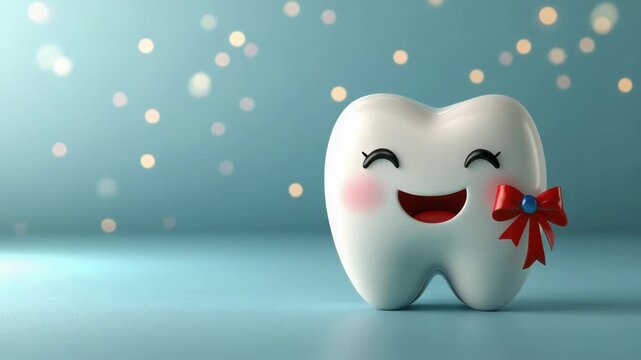 Smiling cartoon tooth with red bow on teal background