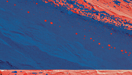 Close up of a blue and red abstract painting.